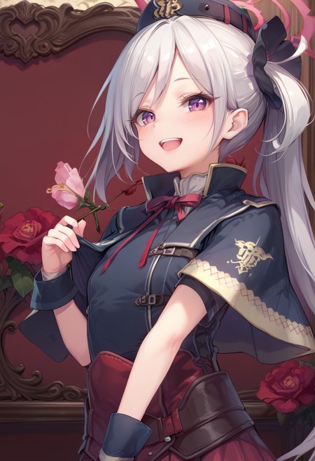 (score_9:0.9),score_8_up,score_7_up,rating_safe,(zPDXL),<lora:hub lass and Brigade Armor ponyXL v1.2:0.76>,brigade clothes,1girl,solo,open mouth,smile,blush,:d,upper body,black hat,red neck ribbon,black capelet,black clothes,red mini skirt,<lora:mutsuki_blue archive_PONY_last:1>,mutsuki \(blue archive\),upper teeth only,purple eyes,hair ornament,side ponytail,