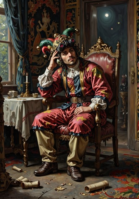 a detailed high renaissance oil painting of A contemplative jester wearing on head n0ds dual-tube panoramic optical device two cylindrical red lenses attached to the front of the red and gold helmet with integrated hearing protection seamlessly integrated into his traditional jester's outfit. and his cap n bells, seated in a richly detailed interior, directly inspired by Jan Matejkoâs painting of StaÅczyk. He is wearing n0ds on his head, The jester's vibrant red and gold costume, adorned with intricate patterns and bells, contrasts sharply with his melancholic expression as he sits slouched in a wooden chair, one elbow resting on the armrest and his hand supporting his head in thought. Behind him, the room is dimly lit by a single candle on a table, and the muted colors of a tapestry hanging on the wall add depth to the setting. A crumpled scroll lies at his feet, symbolizing a message ignored or forgotten, while an open door in the background reveals the faint light of festivities beyond, creating a stark contrast to the jesterâs reflective solitude.<lora:n0ds_epoch_23.safetensors:1.0:1.0>