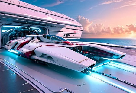 photograph, a clean hangar, door open, tropical island, ocean, beach, (smooth, sleek, neotech white and red (WipEout anti-gravity craft), (split-front:1.3), parked in a hangar):2, blue sky, sunset, sharp, high detailed, realistic, scifi, futuristic, science fiction, sharp focus, masterpiece, best quality