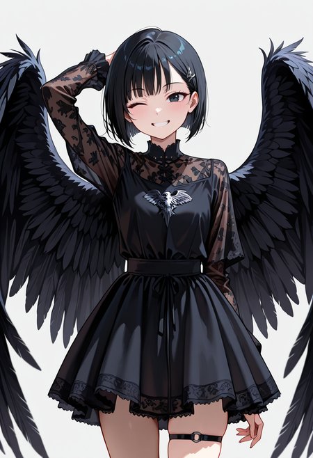 masterpiece, best quality, amazing quality, simple background,((outlined outlined vector graphics)),  detailed background,
 ,  looking at viewer ,cowboy shot, 3/4 view,
1girl, 20yo, black hair, black eyes, short bob hair, hair pin,small breast, slender,(white thigh strap:1.1) , cute face, smile , grin , wink ,dark angel, dark-angel-attire, black wings, black dress ,   standing ,  , arm up ,  <lora:dark-angel-il-01:0.8>