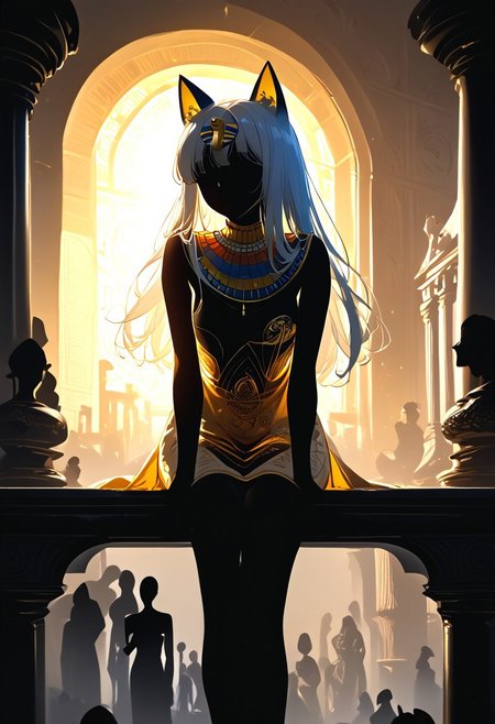 (masterpiece, best quality), (score_9, score_8_up, score_7_up,source_anime), 4K8K, high res image, Uncorrected, white print, lineart print, print, 
from front, upperbody, portrait, 
Ankha_(Animal_Crossing), (solo:1.3), 
(animals), silhouette, backlit, backlighting, dark night, Porcelain Mix Gold, pmg style, 
(golden lines, white silhouette skin, Skin like porcelain), 
sitting, bent over, spreading legs, Arms between legs, Porcelain wall, (small stature, petite:1.3), (breasts:1.1), (white hair, verry long hair, cat ears),
(wearing Porcelain clothing, Porcelain Egyptian-style dress),