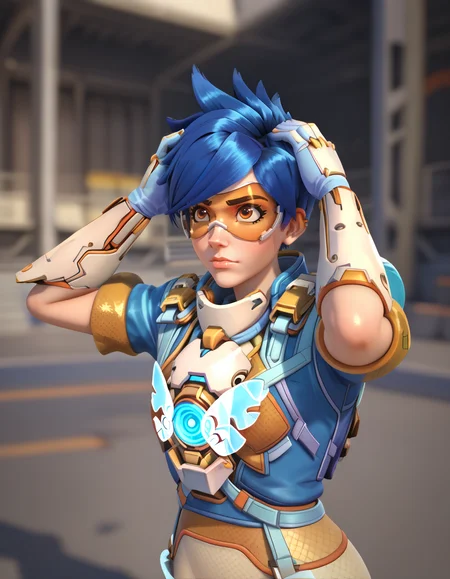 Masterpiece, high-res, 2k, best quality, 2.5d, 1girl, hero of heart, tracer (overwatch) , googles, harness, <lora:Hero_of_Heart_Tracer_Pony-000043:1> Hands on either side of head looking up, Ancient ruins with a sense of mystery and history