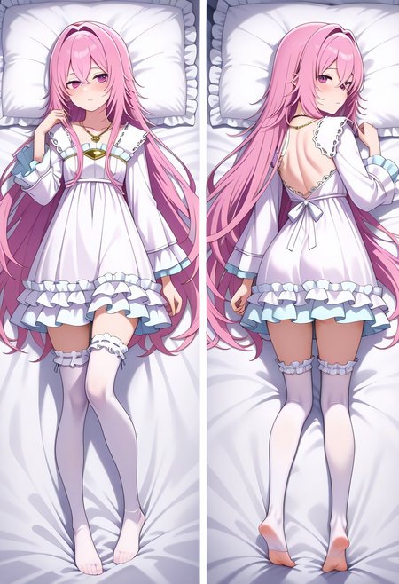 masterpiece,best quality,amazing quality,very aesthetic,absurdres,newest, huge filesize,
<lora:spo_sdxl_10ep_4k-data_lora_webui:0.5>,
<lora:add-detail-xl:1>
<lora:Dakimakura_IL_v1:1> dakimakura,  front view, back view,full body, looking back, 
BREAK
aishia, very_long_hair, pink_hair, hair_between_eyes, hair_intakes, purple_eyes, pink_eyes, frilled_dress, long_sleeves, frills, by_nekoi_(nekoi_0116), flat_chest, jewelry, toes, 1girl, feet, thighhighs, necklace, backless_outfit, soles, looking_back, solo, looking_at_viewer,exhausted, dakimakura