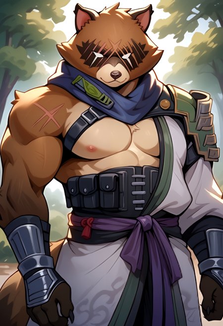 score_9, score_8_up, score_7_up, 8k, detailed background, masterpiece, anthro only, furry only,  1boy, solo,  ((close up:1.2)),  <lora:HajimePony-000005>, Hajime_(Fortnite), no pupils, armor, gauntlet, japanese armor, japanese clothes,  white hadanugi dousa, purple neckerchief, muscular male, looking at viewer, happy,  outside, forest,