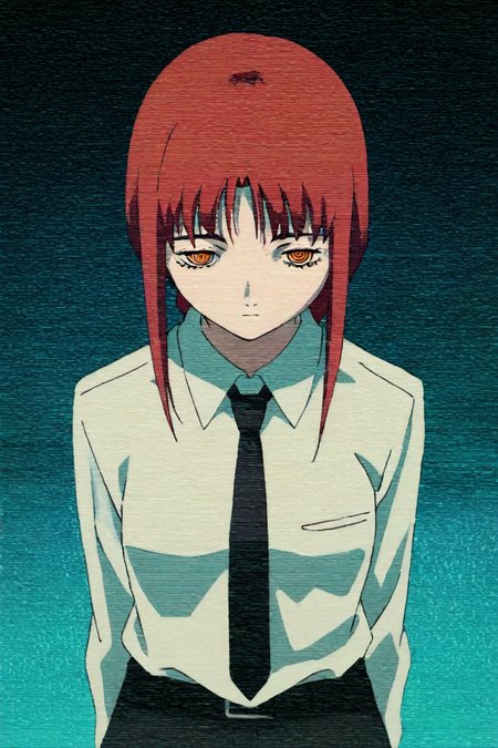 <lora:mak1ma0XL_Pony_v1:1> , mak1ma0, makima,  red hair, long hair, ringed eyes, braid, white collared shirt,black necktie, black pants, 1girl, solo, alone, upper body,  <lora:serial_experiment_lain_style_illustriousXL:0.8>, serial_experiment_lain_style, masterpiece, highres, scanlines