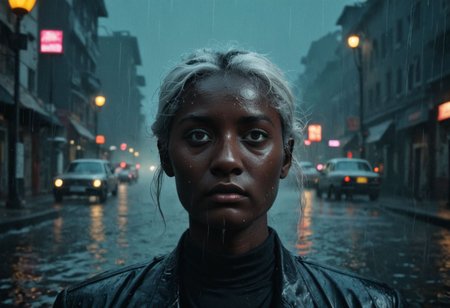 50s old noir cinema; surreal China underwater, night, fog and rain, taxi cab; a portrait of an old mad scientist with long white hair; big pink building on a background; dramatic light, cinematic, dark, moody light, film grain, kodak film, old film colors, IMAX 135mm, Wes Anderson style