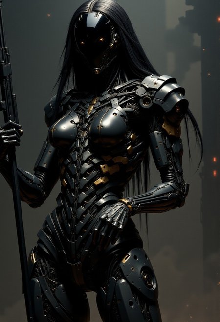Futuristic cyborg woman in black armor with gold inserts of repeating long patterns with long hair inserted on top of the patterns, creating a ribbed surface. Black dystopian foggy background, dynamic pose in a shooting leap and a futuristic gun with a flash of shot coming from the muzzle. Close-up of the cyborg woman body and it doesn't fit in the frame