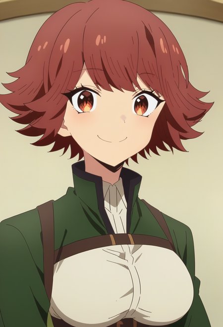 <lora:Byleri:1>  byleri, short hair, red hair, 1girl, brown eyes, brown hair, solo, large breasts,   collared shirt, green jacket , looking at viewer, upper body, smile, score_9, score_8_up, score_7_up, , anime coloring ,BREAK source_anime, anime