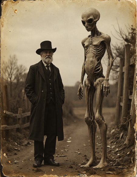Vintage sepia-toned photograph depicting a surreal scene from the late 19th century. An elderly gentleman in period attire - dark suit, waistcoat, and wide-brimmed hat - stands beside a tall, skeletal alien figure. The alien is gaunt, with an elongated skull, large black eyes, and a frail body showing visible ribs. The setting is a rural autumn landscape with bare trees and scattered leaves. The image has the soft focus and slight blur characteristic of early photography, with visible grain and subtle imperfections. Muted earth tones dominate, emphasizing the contrast between the dark-clothed man and the pale alien. The composition suggests a formal portrait, with both figures facing the camera in a rigid pose. A wooden fence is partially visible in the background, adding to the rustic atmosphere. The juxtaposition of the mundane and the extraordinary creates an eerie, otherworldly ambiance, as if capturing a secret moment in alternative history. The photograph appears aged, with slight fading and foxing around the edges, enhancing its authenticity as a relic from a bygone era.