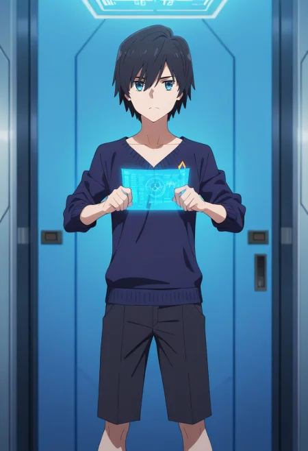 masterpiece, best quality, , anime screencap, anime coloring, , looking at viewer, 1boy, solo, male focus, <lora:hiro_franxx_ilxl:0.98>, hiro_franxx, black hair, blue eyes, bangs, , digital archive, glowing data streams, pixel displays, holographic records, researching pose, concentrated expression, cyber light, Capri pants, Brocade Ruby Tulle Striped crew neck sweater, , ,