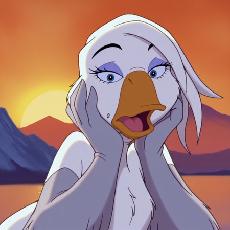 8k, uncensored, masterpiece, best quality, highly detailed, realistic, 1girl, solo, StellaBT, furry, feral, avian, goose, white hair, short hair, feather hair, black eyebrows, dark-blue eyes, black pupils, eyelashes, light-purple eyeshadow, orange beak, white body, open mouth, tongue, mole, looking at viewer, narrowed eyes, (looking at viewer, sunset, mountains, outdoors, detailed background, front view, upper body, (wide eyes, surprised look, hands on own cheek, surprised, feather hands, frown, 