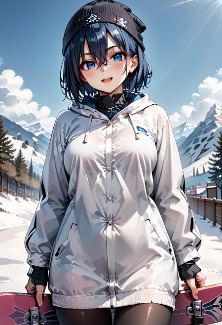 score_9, score_8_up, score_7_up, score_6_up, score_9, score_8_up, kaede (1girl, blue eyes, dark blue hair, blush, big tits, hair between eyes, short hair).
(smirk:0.9), (open mouth:0.9), cute, 
beanie, gloves, snowboarding, leaning back, 
(snowboard:1.1), slope, at snowy mountain, day, 
sharp focus, looking at viewer, from below, motion blur, depth of field, (intricate:1.1), (white tone:1.1), (pale blue tone:0.9), (white atmosphere:1.1), 
llustration, (anime coloring:1.1), high contrast, 
(masterpiece:1.2), (best quality:1.2), (very aesthetic:1.2), (absurdres:1.2), (detailed background), newest, ai-generated, (intricate details:1.2).