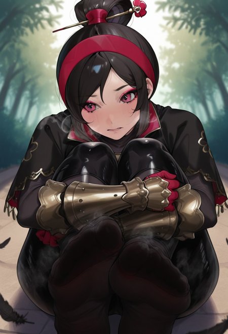 sodamizu,  outdoors, undershirt, falling feathers, black bodysuit, hair stick, hugging own legs, , gauntlets,   eyeshadow,   red gloves,  high ponytail,  , black capelet, red hairband, pink eyes, 1girl, solo, feet, visible breath,   dynamic angle, foreshortening, smell, steam,
