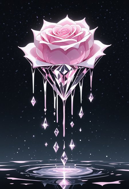 (masterpiece), best quality, Anime, Illustration, (Floating Diamond, Crystal, Magic, Reflection, Melting, Dripping, Pink Rose), Black Background, No Humans, Starry Theme, (Light Refraction), White and Pink Theme, Natural Lighting, Verynsty
