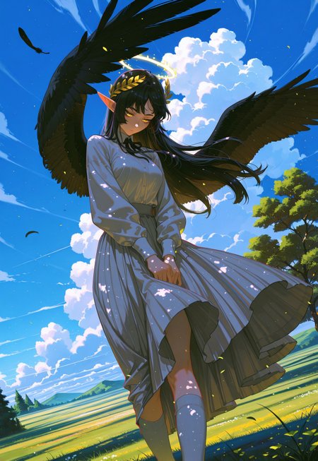 safe_pos, Laurel crown, 1 girl, dear angel, black hair, straight hair, staring, bright yellow eyes, slit pupils, thick eyelashes, long eyelashes, glowing halo, winged halo, elf ears, glowing clothes, glowing eyes, black feathers, feathered wings, long socks, skirt, wind, floating clothes, floating hair, shining theme, sky, flying through clouds, clouds, landscape in distance, dappled sunlight, tree shade, 

detailed background, Dutch angle, 

(sexy), ink painting background, overgrown environment,

dynamic light, beautiful light, 

soft shadows, raytracing, ambient occlusion, detailed background,

masterpiece, best quality, amazing quality, very aesthetic, absurdres, newest, huge filesize, (by dino_(dinoartforame):0.4), (ask_(askzy):0.6), (by sakuraba yuuki:0.3), (ilya kuvshinov:0.2), (incase:0.65), n0riuma_illu,