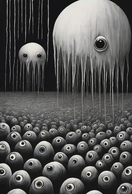 score_9, score_8_up, score_7_up, Impressionism,   a background of eyeballs in a black void, 1 man cowering in terror, suffering from fear, guro, mind broken