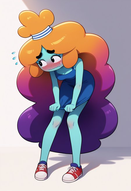 score_9, score_8_up, score_7_up, score_6_up,
masterpiece, best quality, absurdes, 1girl, solo, full body,
(source cartoon),
<lora:Rachel Wilson (AWOG) (Pony):0.9>
Rachel_Wilson_AWOG, aqua skin, colored skin, hair tie, striped headwear, multicolored hair, gradient hair, yellow hair, orange hair, violet hair, long hair, no nose, thick eyebrows, black eyebrows, standing, facing viewer, dress, blush, shy, thick eyebrows, dot eyebrows, white background, simple background, looking away, looking to the side, very long hair, red hair, shoes, sweatdrop, embarrassed, flying sweatdrops, wavy mouth, blue skin, dress tug, sneakers, blue dress, leaning over, bent over,
3/4 angle, shadow, sleeveless, eyes open,
<lora:add-detail-xl:0.9>