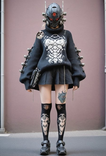 Female wired-cyborg in knitted sweater resembling  the black knight with mech reinforced intricate designed mecha helmet with colorful white and blueish intricate anime girl tattoo, knitted high socks, Standing in crowded street, jewelery Made of mechanical parts, tattoo, Abs, portrait, neon eyes, wired-cyborg, looking back, shining teeth, white eyes,