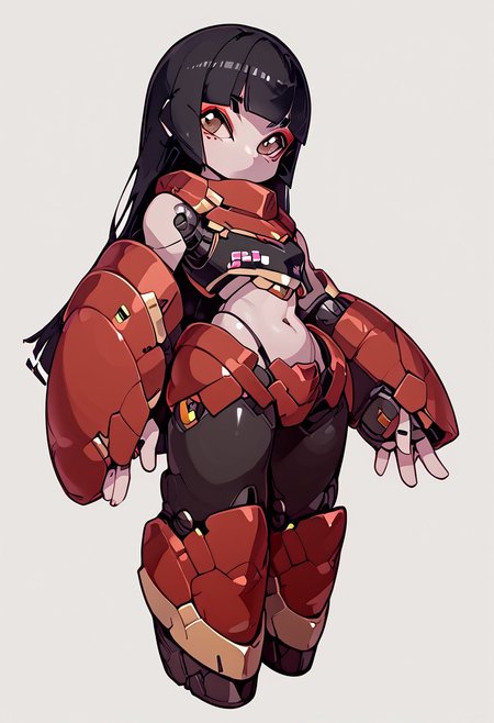 score_9,score_8_up,score_7_up,score_6_up, solo, white skin, blunt bangs, long hair, black hair, brown eyes, no jewelry, no earrings, no bracelets, makeup, black tube top, tight shiny pants, robot, mecha, simple background, no humans,  humanoid robot, standing, robot joints, no mouth,