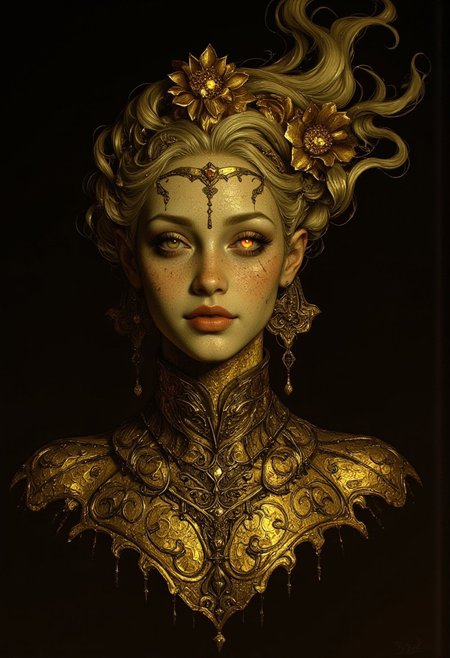 Golden statue of a woman, her skin composed of delicate, textured gold flakes, with chrome and golden flowers intricately woven into her hair, her eyes gleaming with a warm, golden light, wearing a majestic, windy-blown ornate gown with tattered, metallic petals, reminiscent of a dark, dystopian world, her face and shoulders illuminated by a soft, ambient glow, as if radiating an otherworldly energy, in the styles of Royo's dark, mystical realism, Artgerm's hyper-detailed, metallic sheen, and Lovecraft's eerie, atmospheric tension, with meticulous attention to intricate textures, dramatic shading, and a sense of haunting, ethereal beauty.