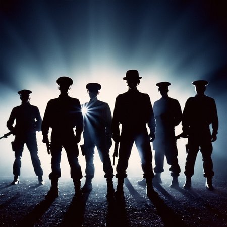 cinematic film still of  <lora:perfection style:0.5> <lora:detailed:0.5> perfection detailed
 <lora:Clockwork Orange film style:0.9>
In a futuristic dystopian Britain a group of gang members standing next to each other,hat,weapon,multiple boys,gun,shadow,6+boys,silhouette,dark , cinematic, film, kodak, Clockwork Orange film style, night, shallow depth of field, vignette, highly detailed, high budget, bokeh, cinemascope, moody, epic, gorgeous, film grain, grainy