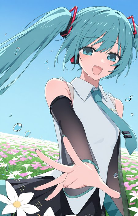 <lora:channel:1>,channel,1girl,hatsune miku,solo,twintails,detached sleeves,long hair,shirt,smile,necktie,flower,white shirt,skirt,open mouth,looking at viewer,floating hair,white flower,see-through sleeves,black skirt,sky,blue sky,flower field,sleeveless,outstretched arm,sleeveless shirt,outdoors,black sleeves,field,blue eyes,blue necktie,blue hair,blue flower,very long hair,collared shirt,nail polish,aqua hair,pink flower,day,water drop,