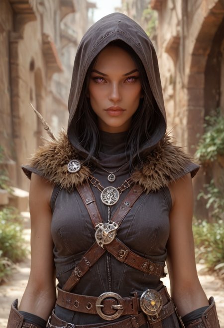 score_9, score_8_up, score_7_up, score_6_up, NM_Karliah, purple eyes, 1girl, hood, looking at viewer, belt, lips, black hair, realistic, hood up, <lora:NM_Karliah:0.5>, dark elf, grey ashen skin,  <lora:Dunmer:1.2>, dunmer, dark grey skin, <lora:Skyrim_Project_SDXL_r1:0.6> <lora:Fant5yP0ny:0.7>