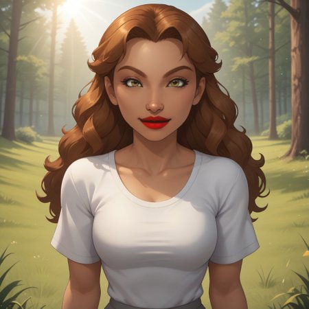 score_9, score_8, BREAK, solo, wii, mii, wii sports, 1girl, female mii, dark yellow eyes, black eyeshadow, auburn hair, red lips, lipstick, big lips, white clothing, gray pants, cute, nintendo mii, modern_mii, classic_mii, breasts, naomi_(\wii_sports\), sexy pose, smile, outdoors, sunlight, shadows, evening lighting, natural lighting, forest, trees, grass, orange sky, sunset