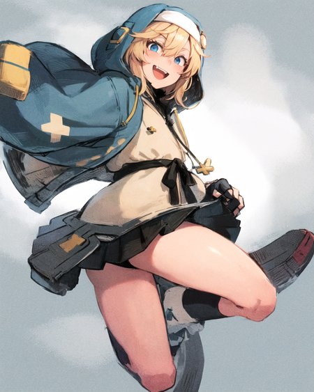 full body,blonde hair,otoko no ko,male focus,1boy,hood,solo,gloves,looking at viewer,fingerless gloves,jacket,hooded jacket,hood up,long sleeves,habit,smile,hair between eyes,blush,black gloves,skirt,open mouth,bangs,blue jacket,bike shorts,simple background,blue eyes,bridget girl,<lora:bridget01:1>