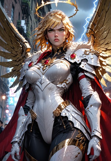 safe_pos, 1girl, sfw, gorgeous, freckles, shiny wet skin, detailed skin, detailed face, fierce:2, angry, intense glare, arched back:2, dynamic pose:2, perfect eyes, eye contact, black pupils:1.5, piercing gaze, glowing eyes, enormous valkyrie wings:2, flaming halo, decorative mystic armor, huge wings:2, action pose, slight cleavage:0.5, slight skin:0.5, pants, armored skirt:2, flowing cape, intricate armor, shiny armor, perfect hands:2, perfect fingers, eyeliner, relaxed hands, covered breasts, thigh highs, leggings, armored boots, armored thighs, exposed neck, exposed collar bones, exposed mid-thigh, exposed lower thighs, showing slight leg, 
BREAK
public place:2, outdoors, rain, rainy day, dark sky, dusk, lightning strike:2, stormy sky, lightning in sky, huge valkyrie wings behind her, 
BREAK
score_9, score_8_up, score_8, masterpiece, best quality, official art, extremely detailed, absurdres, high definition, photorealism, detailed shading, high contrast, ambient occlusion, 
BREAK
dynamic angle:1.5, cowboy shot:1.5, focus face, 

expressiveh, g4n1m3, comicbookpage style, mythp0rt, 