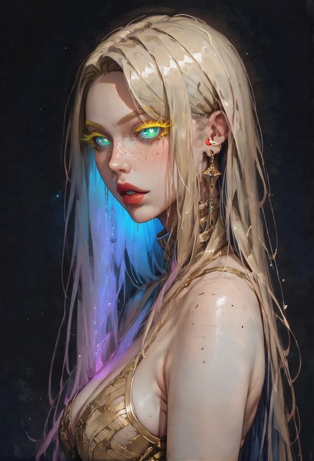(score_9, score_8_up:1.1), score_7_up,  masterpiece, best quality, highly detailed, 1girl, pale skin, (blonde hair:1.5), (glowing purple inner hair:1.5), green eyes, (white pupils:1.2), freckles, straight hair, very long hair, bangs, two color hair, COLORED EYELASHES, (blonde eyelashes:1.3), gold lingerie, looking at the viewer, bedroom eyes, glowing hair, glowing eyes, neon, dark background, contrast, cowboy shot, side view  <lora:Expressive_H-000001> expressiveh <lora:g0th1cPXL:0.8> g0thicPXL <lora:Gothic Art 2 Style SDXL_LoRA_Pony Diffusion V6 XL:0.8>