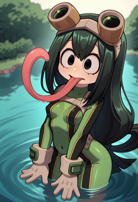 misostyle, masterpiece,  best quality, solo, Tsuyu Asui,  water pond background,  sultry, big eyes, black hair, GREEN BODYSUIT, GOGGLES, small breasts, long tongue, wave,