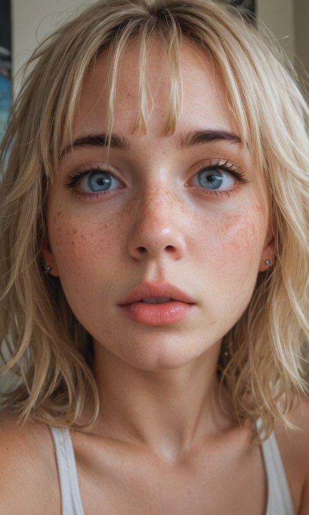4k selfie with a surprised "o"-expression, deep focus, split-diopter lens. close-up, focus on her eyes. cluttered bedroom, posters on walls, ring lighting. long shaggy blonde (bangs between eyes, dark blue eyes, freckles, blush, natural lips, natural eyes, messy hair, black eyebrows, pierced eybrow) taking a selfie, bent forward, mirror behind in distance, her back can be seen (reflection)