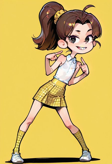 flat chest,
simple background,
full body,
Luan Loud, brown hair, ponytail, black eyes, yellow scrunchie, braces, buck teeth, long hair, parted bangs,
white shirt, collared shirt, sleeveless, yellow skirt, plaid skirt, yellow socks, plaid socks, socks over the knee,
sexy pose, 
ONLY1girl, female,   slim, 
tight clothes, perfect hands, perfect detailed fingers, perfect detailed face, 
 <lora:Himehajime IL:1.0>,Himehajime, screenshot,
 dynamic angle,