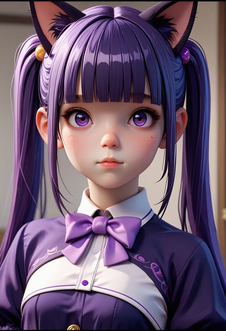 score_9,score_8_up,score_7_up,  <lora:3d_render_pdxl_goofy:1>3d render,1girl, animal ears, black shrug, blunt bangs, bow, bowtie, cat ears, eyebrows hidden by hair, letterboxed, oekaki, portrait, purple bow, purple bowtie, purple eyes, shaded face, shrug (clothing), solo, triangle mouth, twintails