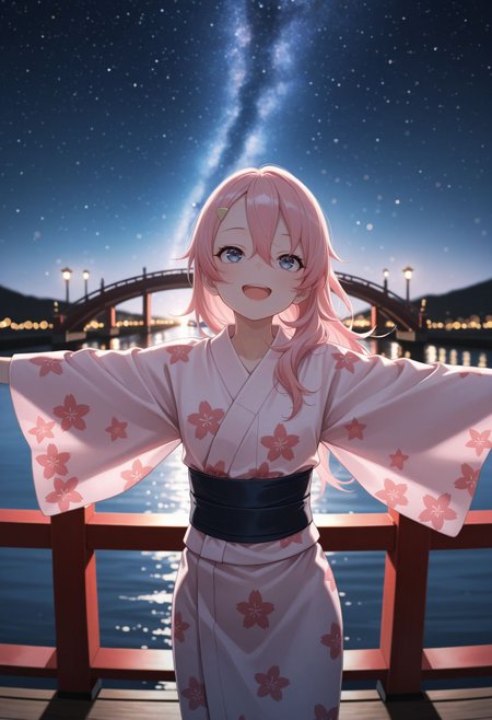 masterpiece,best quality,absurdres,highres,very aesthetic,high quality,detailed,insanely detailed,beautiful,perfect lighting, ,depth of field,blurry background,bokeh, looking at viewer
 <lora:Benisumomo  illu:1>  1girl, brown eyes,long hair, pink hair, hair ornament, hairclip, hair between eyes, japanese clothes, kimono, night sky, open mouth, blue eyes, star (sky), smile, floral print, outstretched arms, sash, outdoors, obi, yukata, bridge, looking up, starry sky, water, spread arms, hair ornament