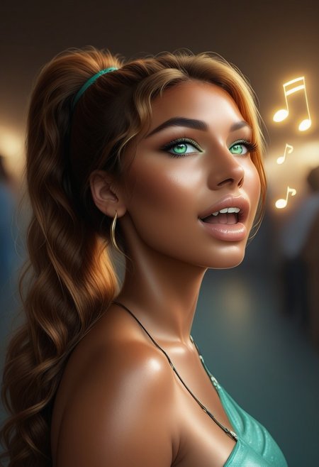 One twenty year old Native American woman with straight caramel hair in an high ponytail and green eyes. (she has dark red skin.) (She is singing in the streets). She is happy, singing, dancing. (super dark skin), she is wearing a purple backless dress, ((magic, music notes, blue music notes, music notes coming out of her mouth)) digital art, glossy skin, detailed face, shimmering light, neural network, reflection, masterpiece, 32k UHD resolution, high quality, professional photography, ray tracing