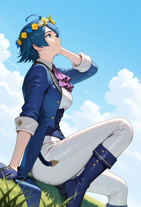 masterpiece, best quality, newest, absurdres, highres,  <lora:ElisabethBKOFIllustrious:1>,  LIBLXV,  blue eyes, blue hair, short hair, blue coat, open coat, ahoge,  blue corset, tailcoat, suspenders, white collared undershirt, ascot, gloves, sleeves rolled up, white pants, close up,  sitting, from side, looking up, grass, bllue  sky, clouds, head wreath, adjusting own hair, smile, looking up, blue boots, breasts, 1girl, solo,