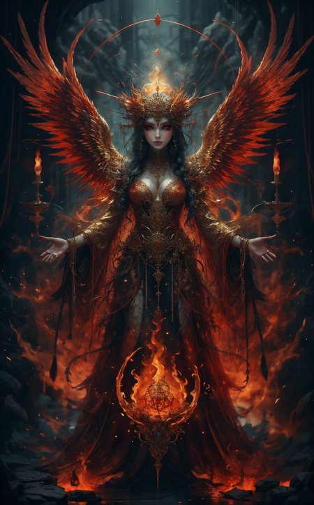 beautiful eyes, best quality, masterpiece, photorealistic, ultrarealistic, good exposure, <lora:BlindMask_v1:0.6> mask, fire mask
A mesmerizing and powerful Alchemist, masterfully playing with and commanding the element of Fire. She stands in a mystical, fiery setting, surrounded by glowing embers and sparks. Her elegant robes are adorned with intricate red and gold patterns that shimmer like flames, hugging her form and flowing gracefully with her movements. Her long hair, tinged with fiery hues, flows wildly as if caught in an eternal breeze.
Streams of fire arc and swirl around her, forming intricate, mesmerizing patterns and symbols. The flames dance and twist in shades of red, orange, and gold, casting a warm, radiant glow.
The scene is set in a dark, ancient chamber with stone walls covered in alchemical symbols and runes glowing faintly in the background. The floor is scattered with alchemical tools and mystical artifacts, reflecting the flickering firelight.
Her eyes burn with intensity and ancient wisdom, reflecting her deep connection to the element of fire. Her expression is one of focused joy and mastery as she effortlessly manipulates the flames.
In her hands, she holds a glowing alchemical symbol of fire, pulsating with energy. The symbol radiates power and light, enhancing the mystical atmosphere.
The air around her is charged with energy, filled with swirling sparks and embers that illuminate her enchanting presence. Shadows dance on the walls, creating a dynamic and magical ambiance.
The Alchemist's fierce and captivating presence, combined with her mastery of fire, creates an image of both beauty and power, capturing the essence of her fiery domain.
 <lora:xuer Angel of the exotic wind_20240118013140:0.5> xuer Angel of the exotic wind
 <lora:AddMoreDetails:0.6> burning hands
  <lora:RPGArtistTools_v2:0.8> <lora:EdobHorrorLandscape_v1.0:0.4>  <lora:AnzhcDreamwave v3_1 watermark fix:0.8>