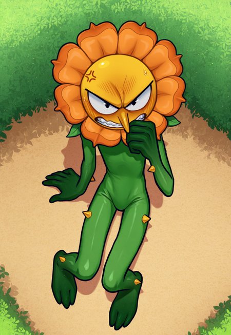 solo, male, plantform, plant boy, 1boy, CagneyCarnation, (orange petals:1.1), yellow face, pointy nose, pac-man eyes, detailed face, perfect eyes, black eyes, large head, round face, masterpiece, hires, absurdres, newest, perfect quality, best quality, ultra-detailed, detailed background, intricate details, 
frown, teeth, (embarrassed:1.2), blush, narrowed eyes, half-closed eyes, looking up at viewer, looking at viewer, angry eyebrows, blush, tsundere, cartoonish anthropomorphic flower, orange bloom, green body, plant-like design, leafy hands, leafy feet, feet resemble leafy vines, (yellow thorns, body thorns:1.2), green stem-like body, (slim, skinny:1.1), narrow hips, full body, sitting, on ground, slouching, arm support, hand up, wiping mouth, no penis, cocked hip, sweatdrop, anger vein, 
BREAK 
outdoors, (garden:1.1), flower, bloom, dappled sunlight, high-angle view, from above, shadow, detailed shading, light particles, pollen,
