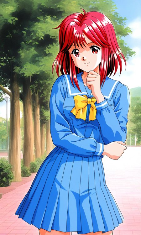 general,highres, ultra-detailed,very aesthetic,best quality ,best hands, BREAK <lora:Asahina_Yuko_Tokimeki_Memorial_IS:1>
Asahina_Yuko(Tokimeki_Memorial), 1girl, solo, red hair, medium hair, red eyes, bangs, sidelocks, breasts, 
school uniform, blue serafuku, blue skirt, Yellow bow, sailor collar, blue sailor collar, smile, long sleeves, pleated skirt, hand on own chin, 
outdoor, tree, sky,