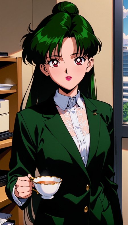 masterpiece,best quality,very aesthetic,ultra detailed,intricate details,<lora:Sailor Pluto XL:0.9>,1girl,solo,1990s \(style\),carmine eyes,lipstick,hair bun,single hair bun,long hair,dark green hair,white collar,office,holding cup,teacup,cowboy shot,