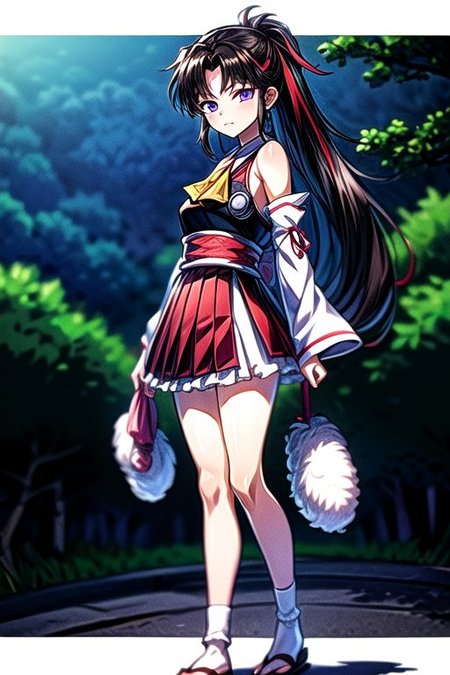 masterpiece,  best quality 1girl Setsun4 solo long hair,  (night time) forest background black hair very long hair purple eyes multicolored hair armor (fur trim) (medium body),<lora:EMS-179-EMS:0.800000>,<lora:EMS-293862-EMS:0.800000>ascot, bare shoulders, black footwear, detached sleeves, embellished costume, frills, japanese clothes, nontraditional miko, red skirt, sandals, sarashi, skirt, socks, white sleeves, white socks, wide sleeves, yellow ascot, zouri, armor, miko