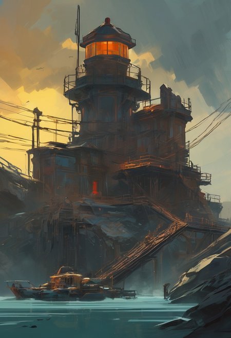 Warframe,  Lighthouse redesigned with segmented armor panels, rotating beneath the stormy sky, emitting sensor beams over neon waves. Warframe-infused environment combines sci-fi elegance and unmatched creativity. Rusted mechanical aesthetics interweave with gritty dieselpunk fantasy. Hand-painted style exhibits intricate details amidst a chaotic post-apocalyptic world. Painterly strokes layer depth as the lighthouse stands against John Blanche and Ian McQue's vision. Deep visual storytelling unfolds in this highly stylized setting, trending on ArtStation. Rich dystopian color palette casts shadows across a hyper-layered landscape.