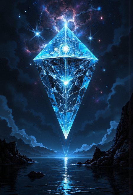A floating crystal pyramid with a glowing core, suspended above a dark and mysterious ocean. The crystal is transparent, with intricate geometric patterns and pulsing light coming from the core. Below, the ocean is calm but unnaturally black, reflecting the pyramid's light. The sky above is filled with swirling cosmic colors and distant stars. The entire scene is ethereal and otherworldly, blending science fiction and fantasy in a mystical setting.  <lora:FluxMythP0rtr4itStyle:0.8> MythP0rt, <lora:aidmaMJ6.1-FLUX-V0.2:0.6> aidmaMJ6.1, <lora:sxz-Dark-Fantasy-v2-Flux:0.66> drkfnts style,