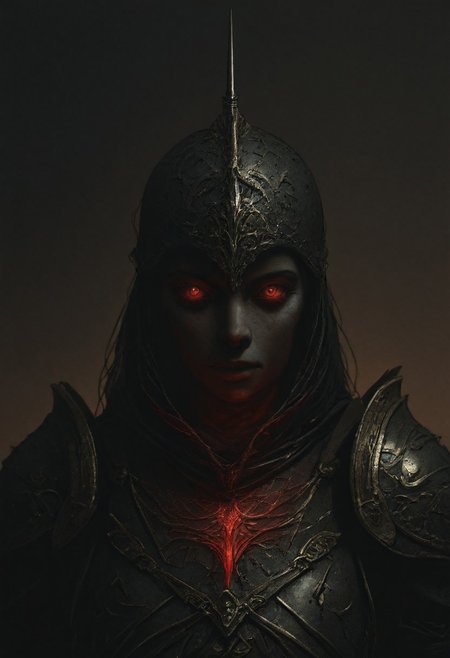 dmsty, masterpiece, best quality, amazing quality, absurdres, newest, ultra-detailed, close-up, upper body portrait, female knight, dark fantasy armor, eerie atmosphere, imposing pauldrons, gothic aesthetic, high contrast, dramatic lighting, deep shadows, battle-worn metal, intricate engravings, mysterious expression, glowing red eyes, cinematic composition, dark environment, moody background