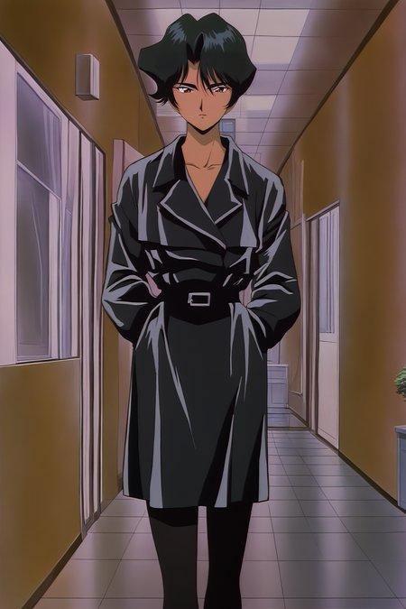 anime screencap,anime coloring,masterpiece,best quality,official style,amazing quality,beautiful detailed hair,beautiful detailed eyes,official anime artwork,retro artstyle,1990s \(style\),<lora:Ayuko Hayami-IL V1:1>,
yuko Hayami,solo,black hair,indoors,1girl,short hair,Ayuko Hayami Outfit1,black pantyhose,Black long jacket skirt,brown eyes,dark-skinned female,dark skin,