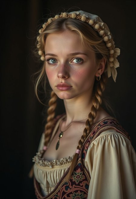 historical setting, bright piercing eyes, ,  breathtaking Natalie Shau style portrait , 8K, beautiful Estonian peasant bride , folk dress, traditional wedding attire,  poor, hungry expression, poor, village wedding,  , alluring, innocent, blonde hair, , pale skin, night, low light, sharp focus, studio photo, intricate details, highly detailed,, chin up, looking down,
<lora:add-detail-xl:1>
<lora:MJ52:0.5> vignette, highly detailed, bokeh, moody, epic, gorgeous, film grain, grainy