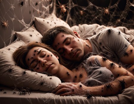 cinematic photograph of a couple sleeping in a bed and cuddled up to each other, close-up shot, in a cozy, dimly lit bedroom, soft-focus, soft dimly lit ambient lighting, covered in ais-spiderz, cobwebs     <lora:Spiders_Style_SDXL:1>
