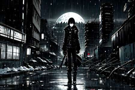 highly insanely detailed, masterpiece, top quality, best quality, highres, 4k, 8k, RAW photo, (very aesthetic, beautiful and aesthetic),  
tsutomu nihei,nihei_tsutomu,blame!,blame gakuen!,abara,TNstyle,sidonia_no_kishi,(deep horizon),flock,decrepit,dark background,blm,futuristic,cyberpunk,science fiction,dystopia,destroyed, 
<lora:ABARA:0.6>, 
(1girl:1.3), 
solo focus, 
night,moonlight,night,neon lights,midnight,(snowylandscape,snowy view,snowflake,snow fall,very cold:1.2),midnight,cool sun,scorching sun,bright sun,sunlight,summer,natural disaster,scenery,water,ripples,Rising_Waters,reflective water,Submerged,abandoned,Flood,natural disaster,scenery,water,tokyo \(city\),Waterlogged_Land,dilapidated,overgrown,dynamic weather,dawn,((raining)),rain,reflection,wet street,wet clothes,medieval,spring,dark background,âââ